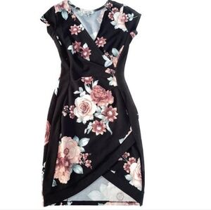Almost Famous Floral Black Faux Wrap Ruched Dress size medium
